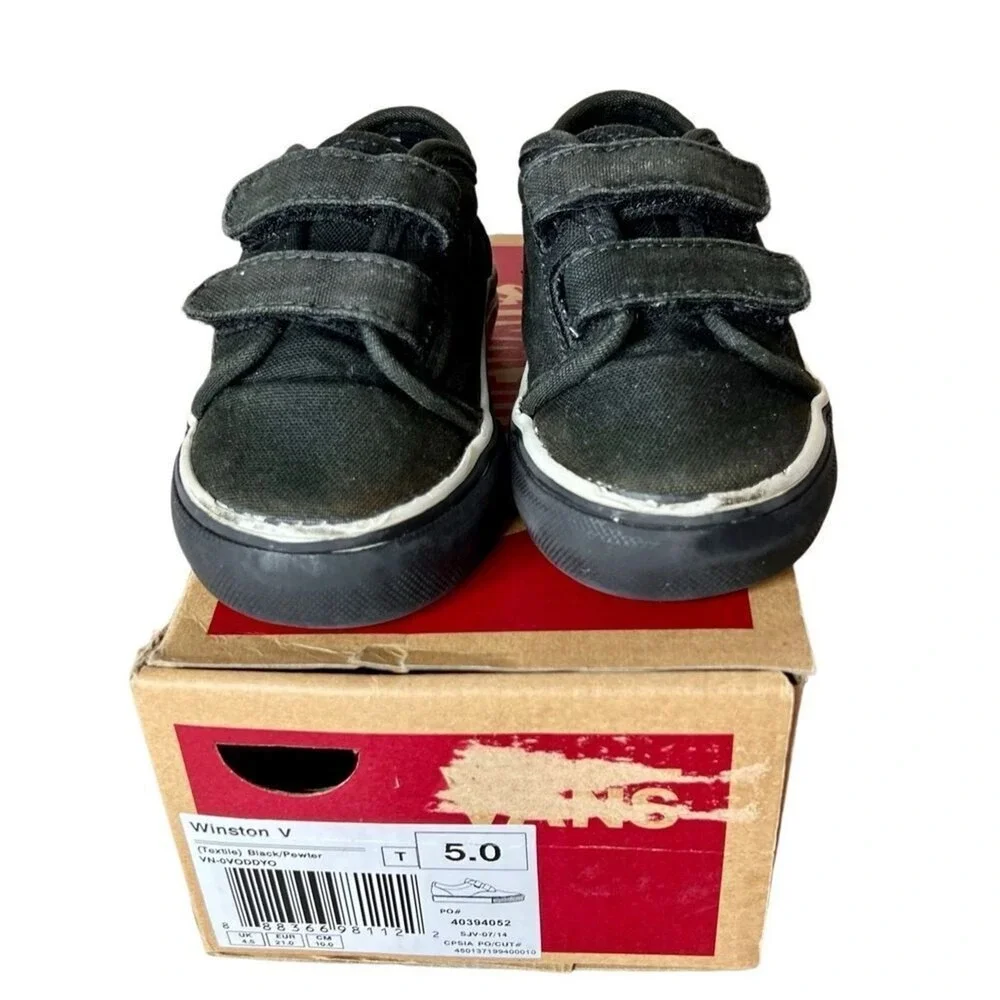 VANS Black Canvas Hook & Loop Winston V Slip On‎ Sneaker Shoe 5 Toddler Casual